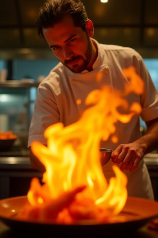 Chef flambéing prawns with open flame in the kitchen