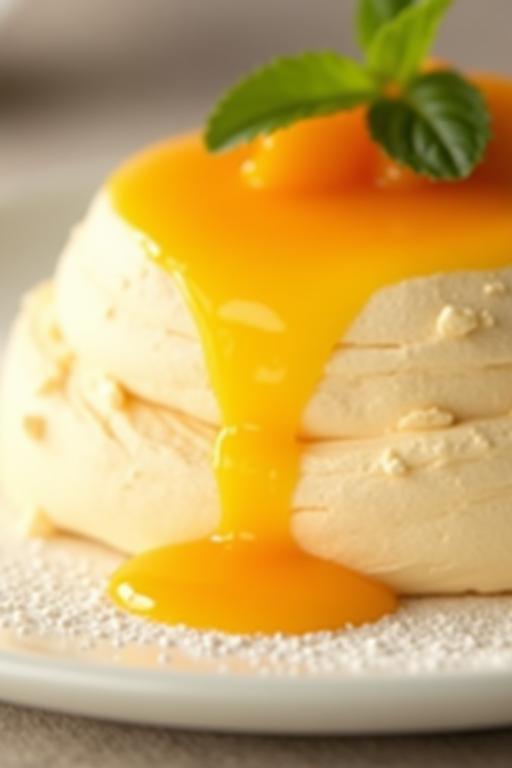 Mango pavlova with passionfruit coulis