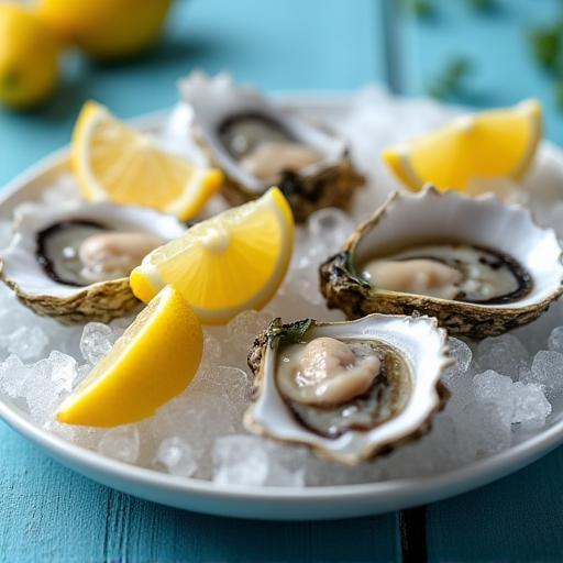 Chilled oyster platter on crushed ice with lemon wedges