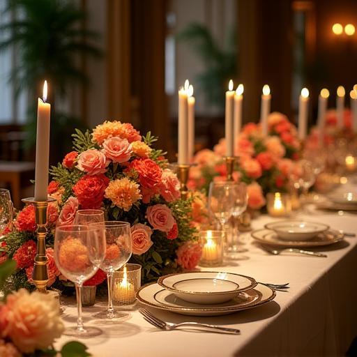 Private event set-up with floral centrepieces and seafood tower