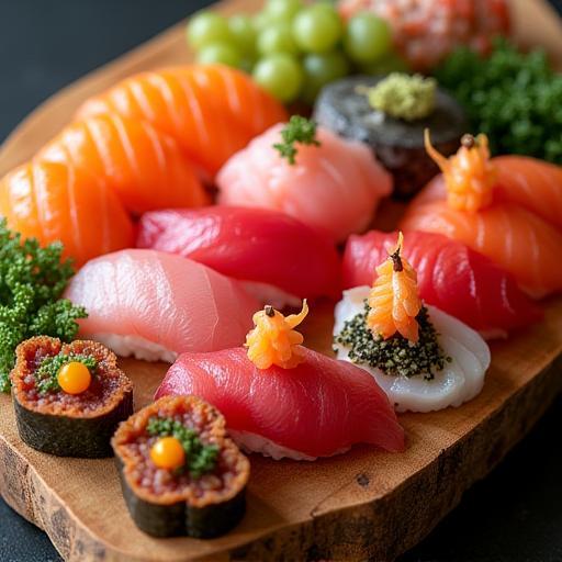 Assorted nigiri and sashimi board on cedar plank