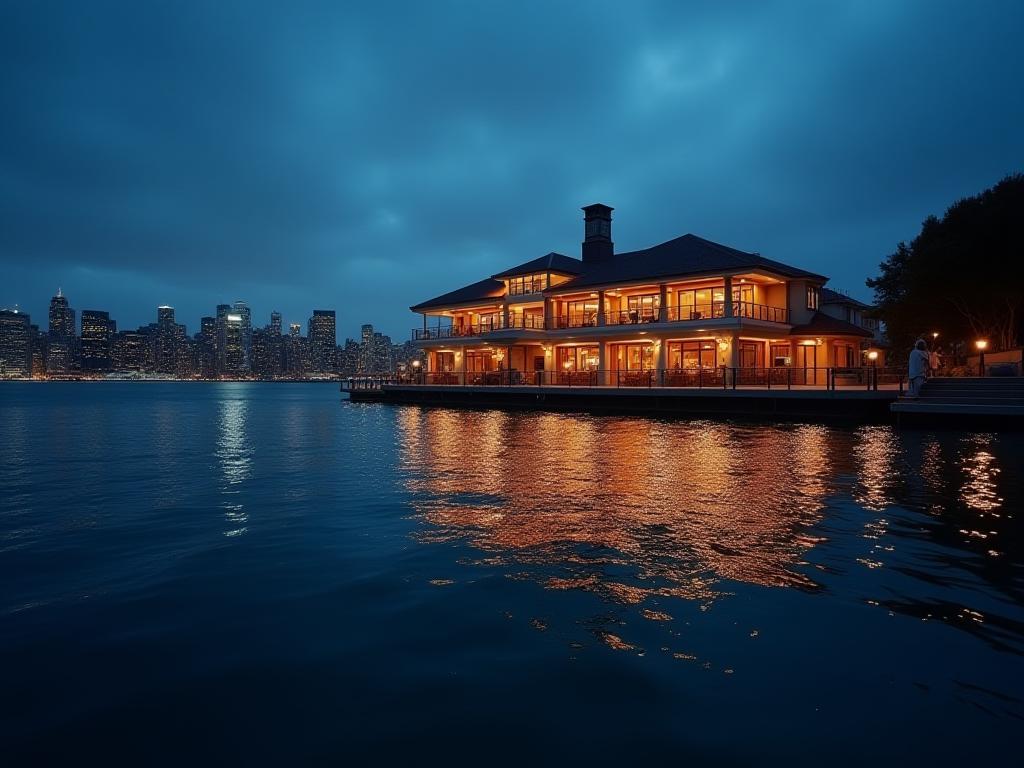 Sydney harbour at dusk with restaurant lights reflecting on the water